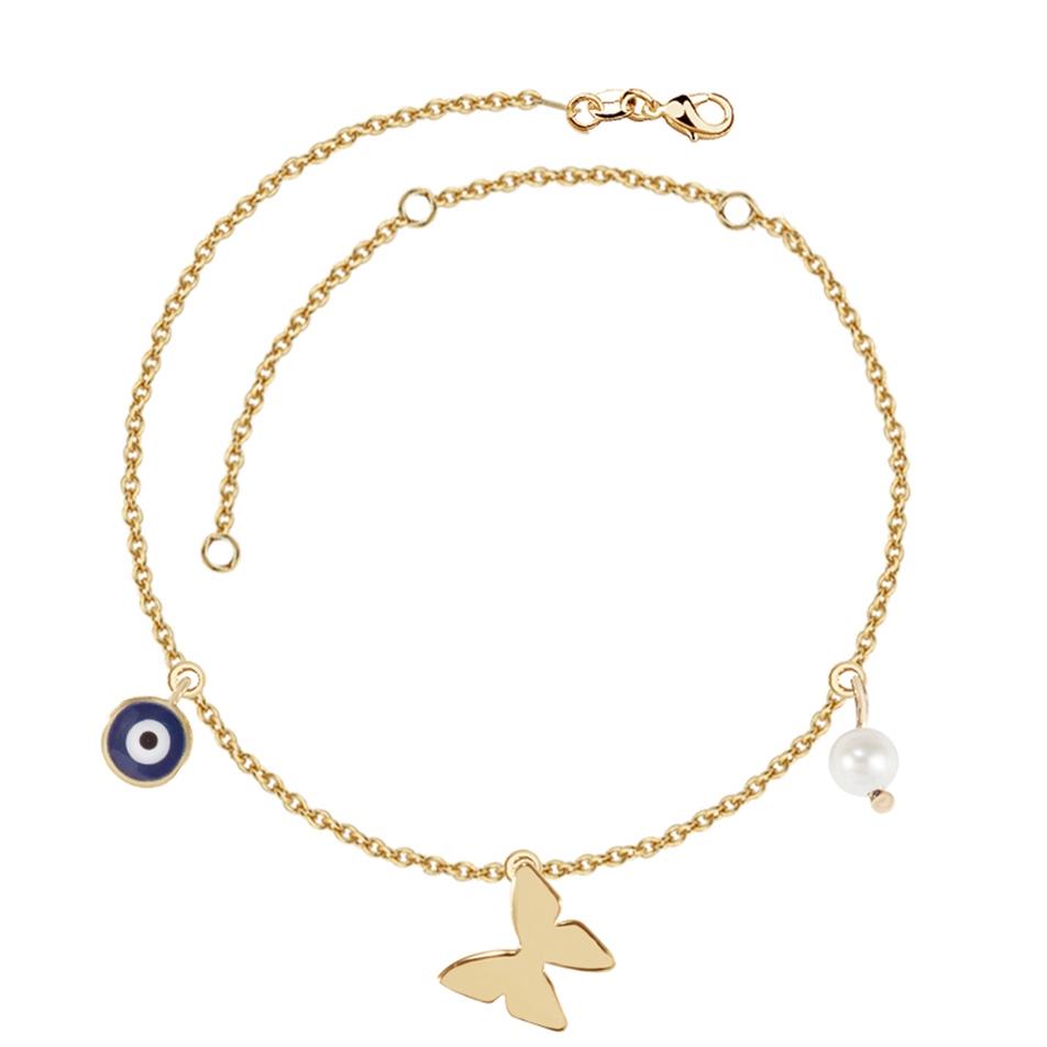 Solid Gold Enamel Evil Eye, Butterfly Pearl Anklet