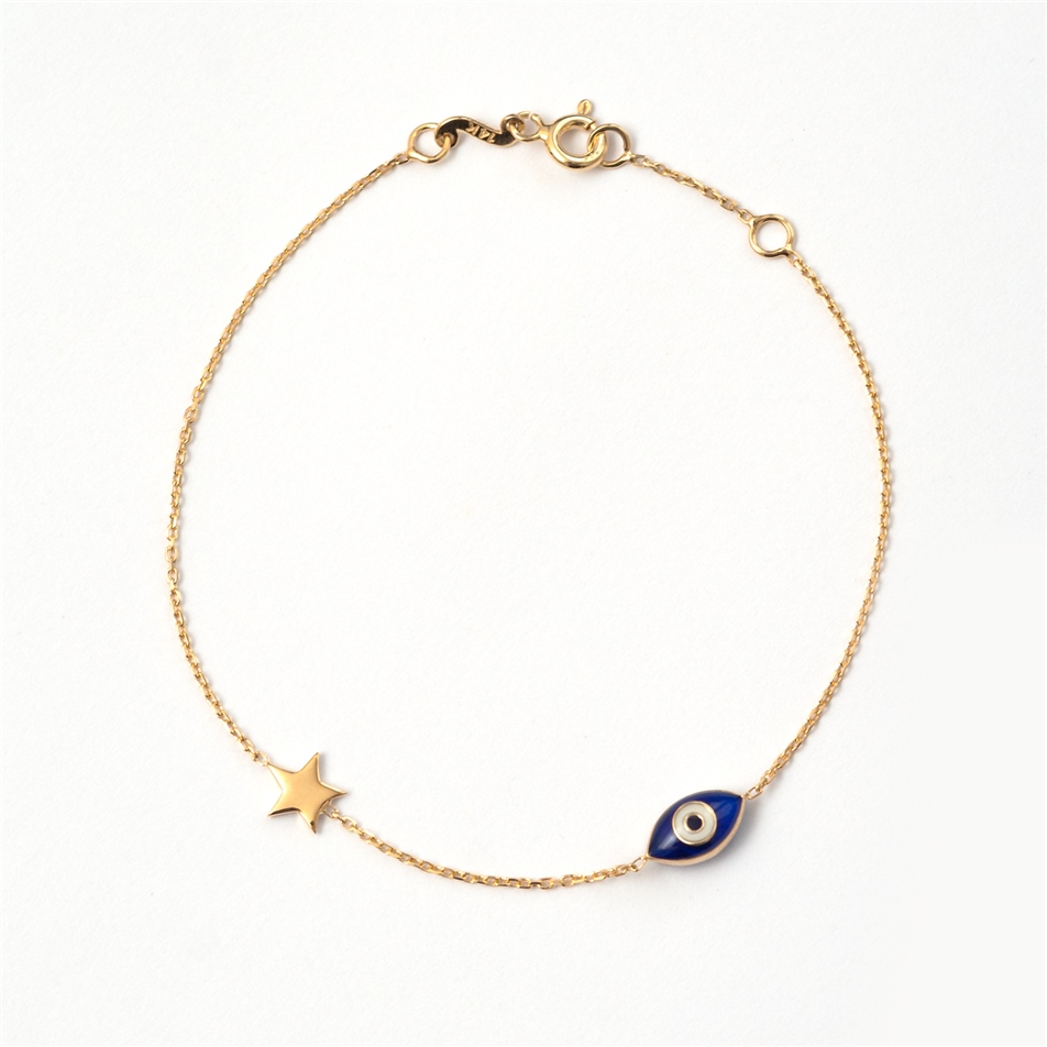 Solid Gold Enamel Evil Eye, Star Bracelet