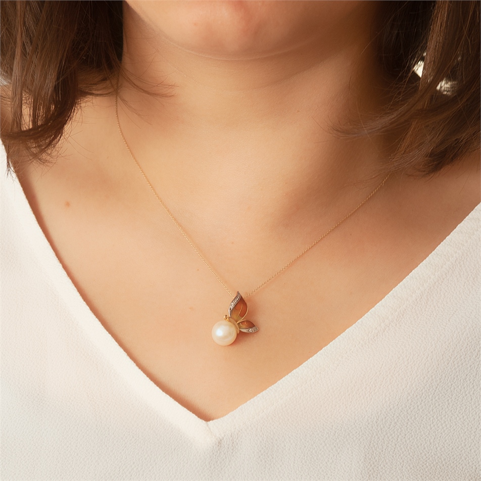 Solid Gold Enamel Butterfly Pearl Necklace