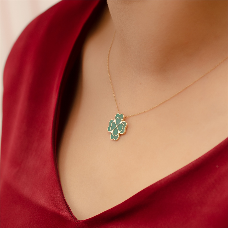 Solid Gold Enamel Clover Necklace
