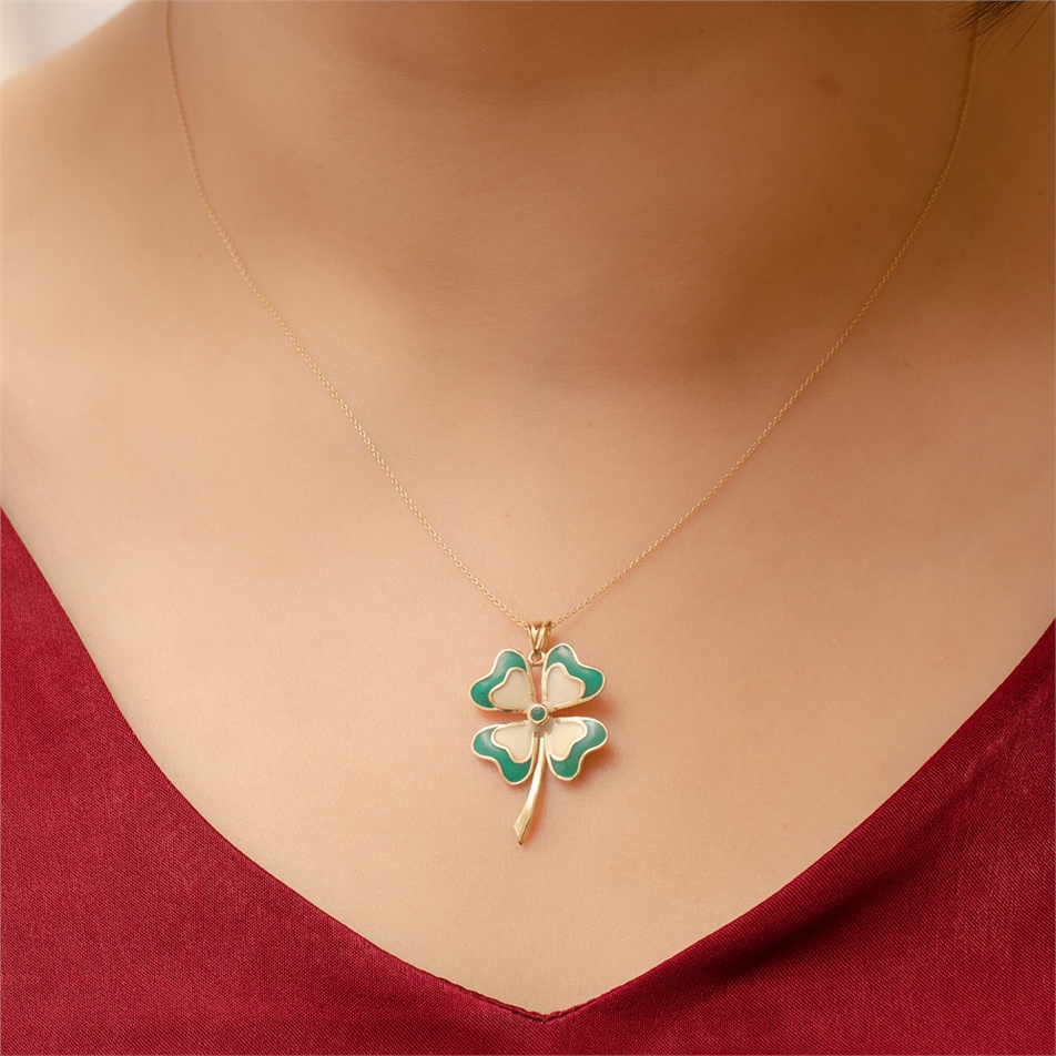 Solid Gold Enamel Clover Necklace