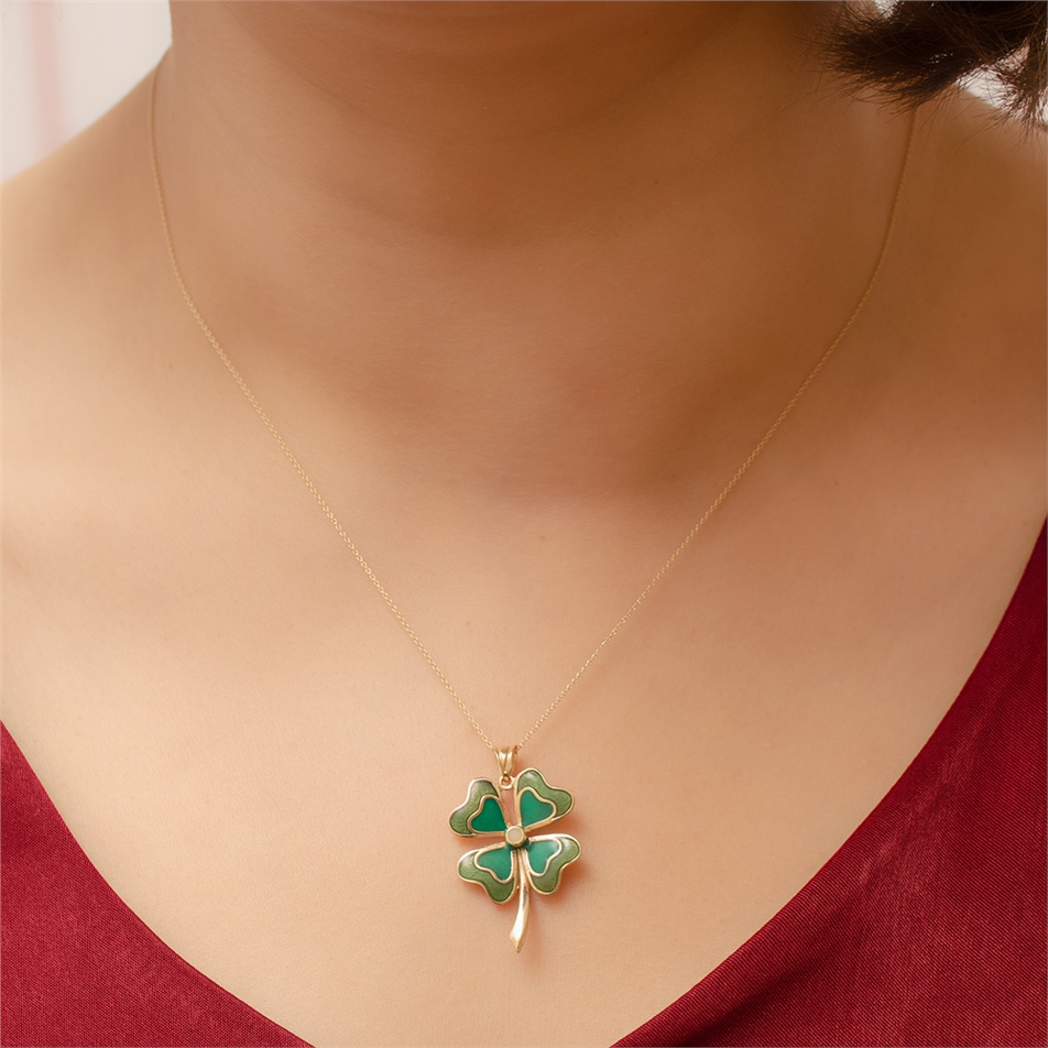 Solid Gold Enamel Clover Necklace