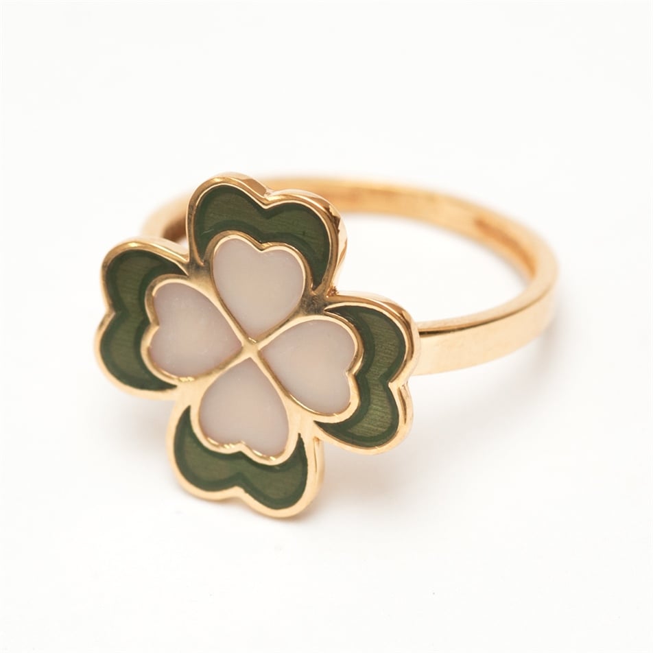 Solid Gold Enamel Heart, Clover Ring