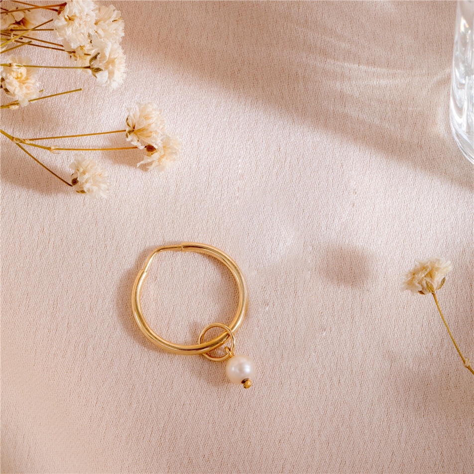 Solid Gold Pearl Hoop Earring