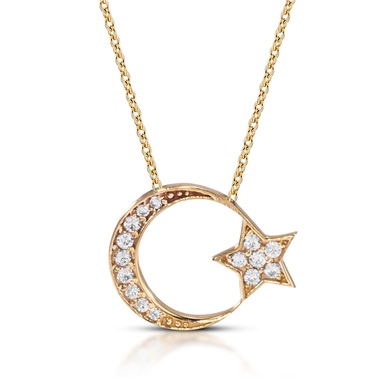 Solid Gold Fancy Crescent and Star Necklace