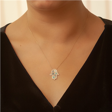 Solid Gold Enamel Evil Eye, Hamsa Necklace