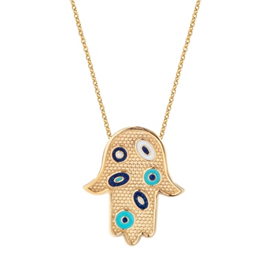Solid Gold Enamel Evil Eye, Hamsa Necklace