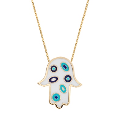 Solid Gold Enamel Evil Eye, Hamsa Necklace