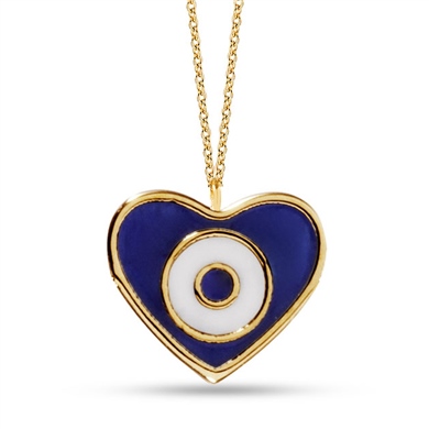 Solid Gold Enamel Evil Eye, Heart Necklace
