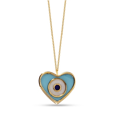 Solid Gold Enamel Evil Eye, Heart Necklace