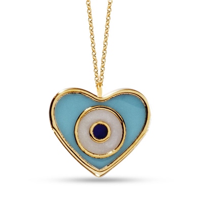 Solid Gold Enamel Evil Eye, Heart Necklace