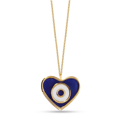 Solid Gold Enamel Evil Eye, Heart Necklace