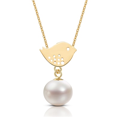 Solid Gold Bird Pearl Necklace