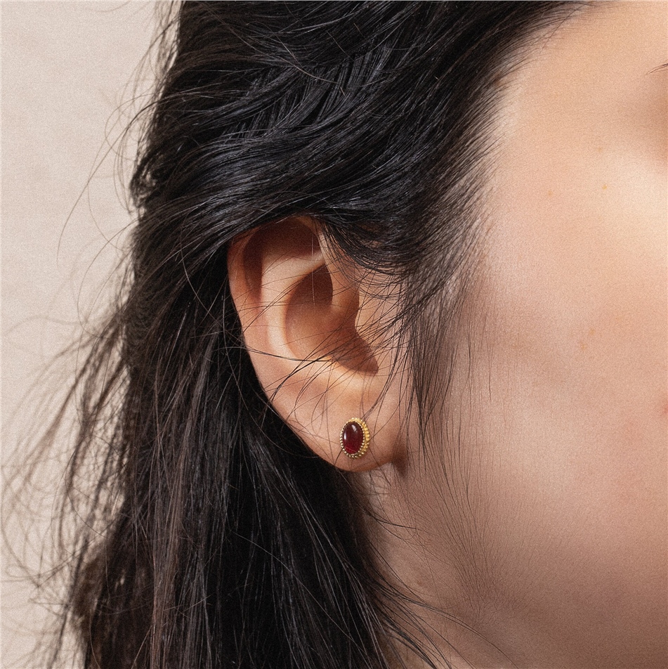 Solid Gold Oval Red Agate Earrings