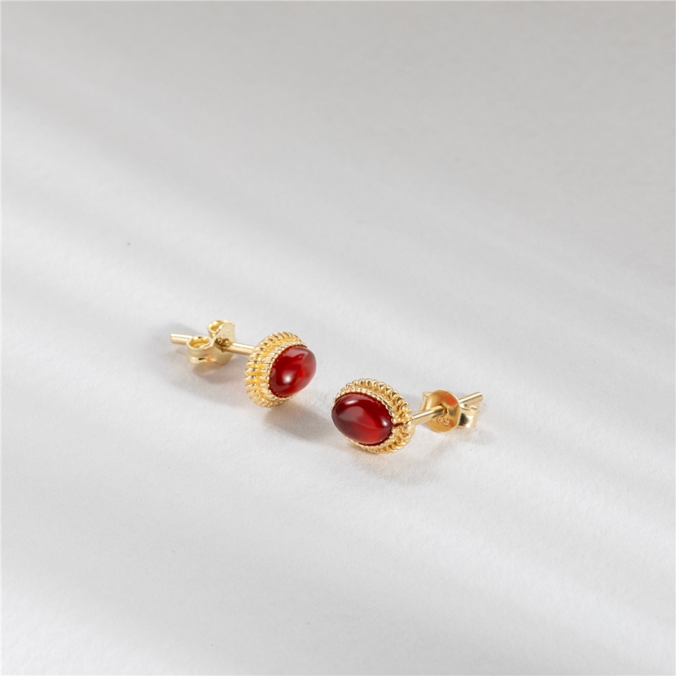Solid Gold Oval Red Agate Earrings