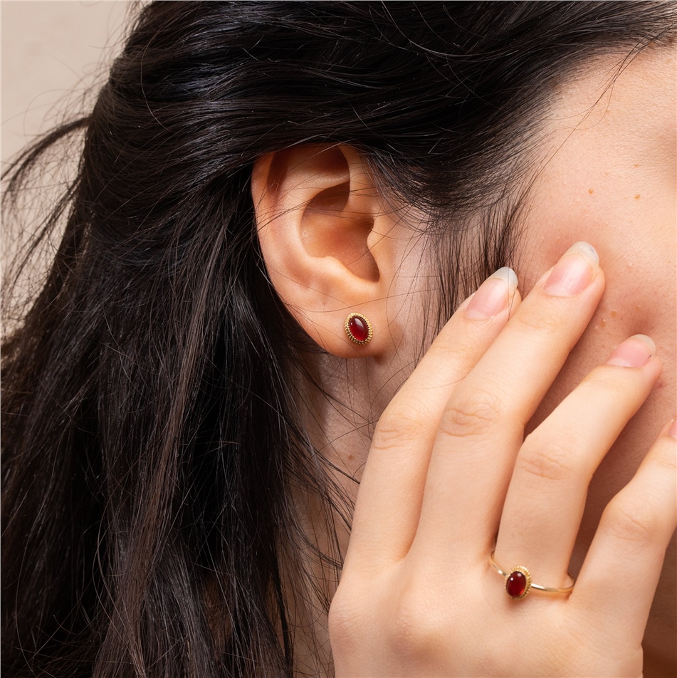 Solid Gold Oval Red Agate Earrings