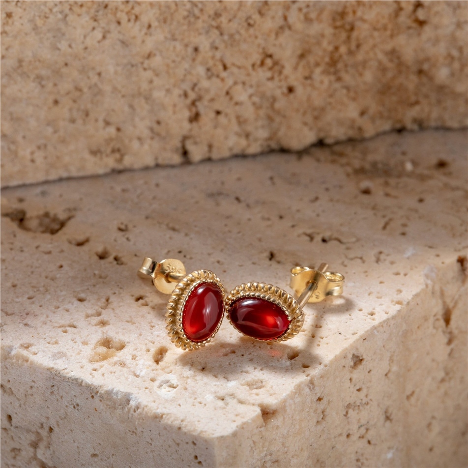 Solid Gold Oval Red Agate Earrings