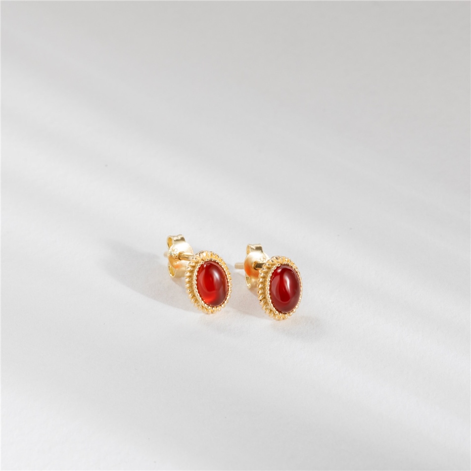 Solid Gold Oval Red Agate Earrings