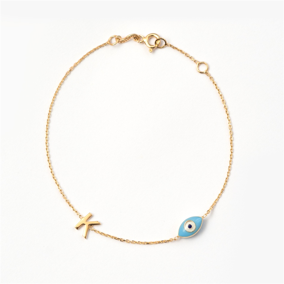 Solid Gold Letter Enamel Evil Eye Bracelet