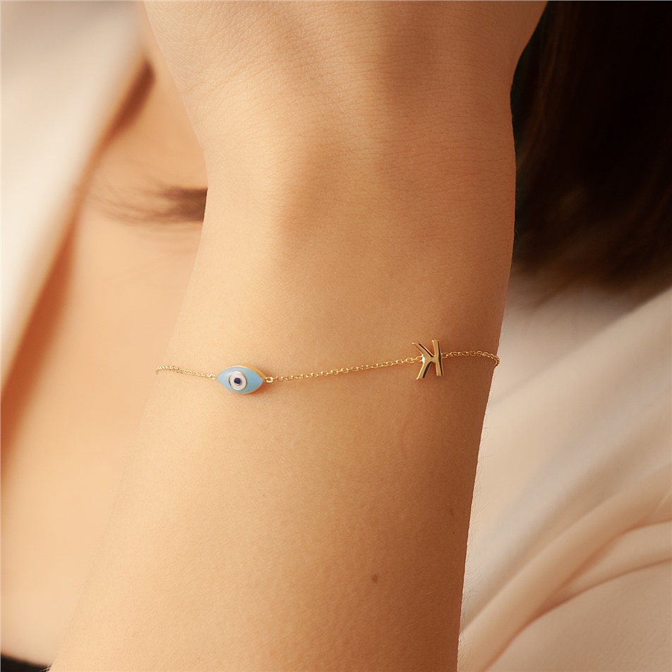 Solid Gold Letter Enamel Evil Eye Bracelet