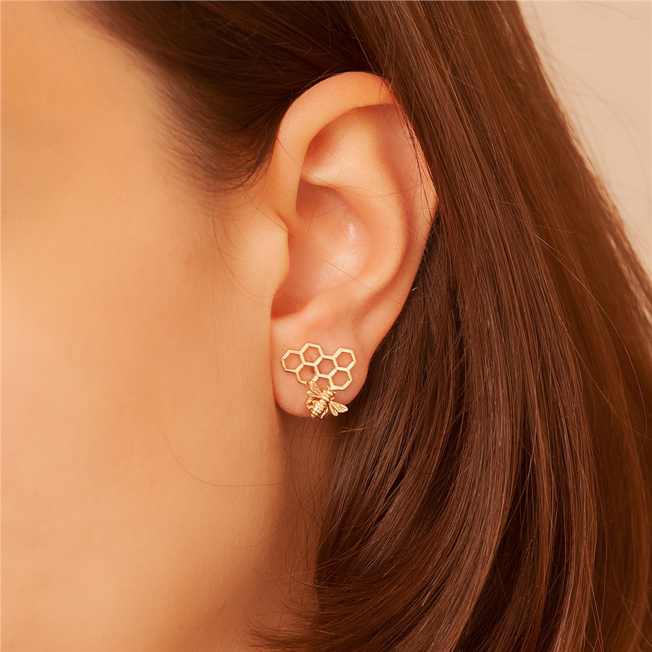 Solid Gold Honeycomb, Bee Earring