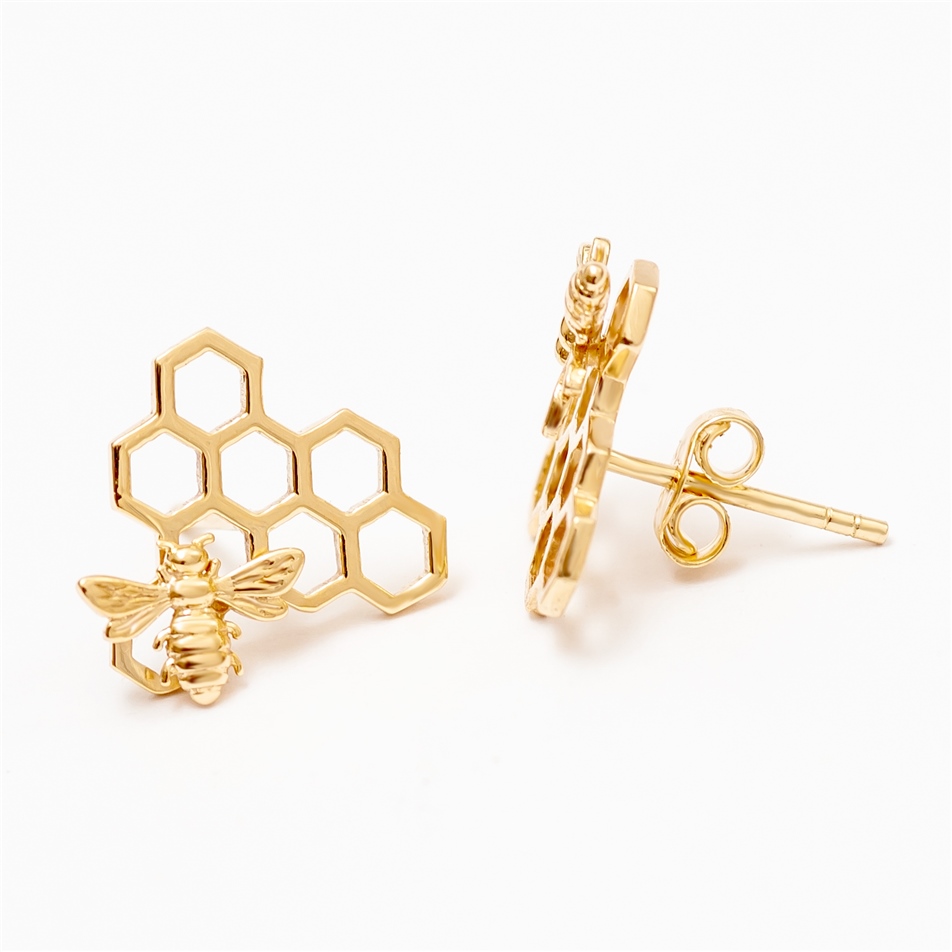 Solid Gold Honeycomb, Bee Earring