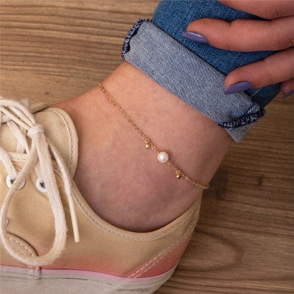 Solid Gold Dangle Pearl Anklet