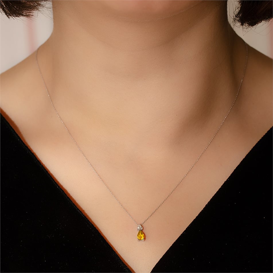 Solid Gold 0.05 ct. Diamond Citrine Necklace