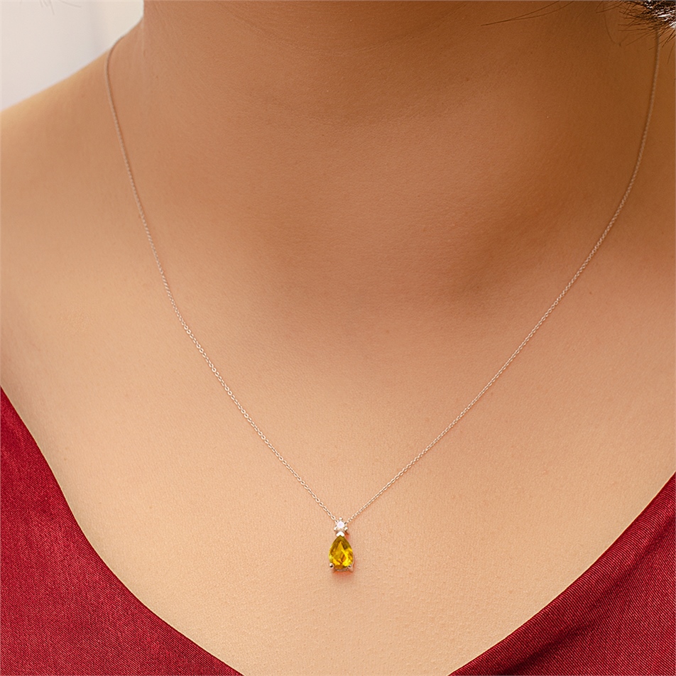 Solid Gold 0.06 ct. Diamond Citrine Necklace