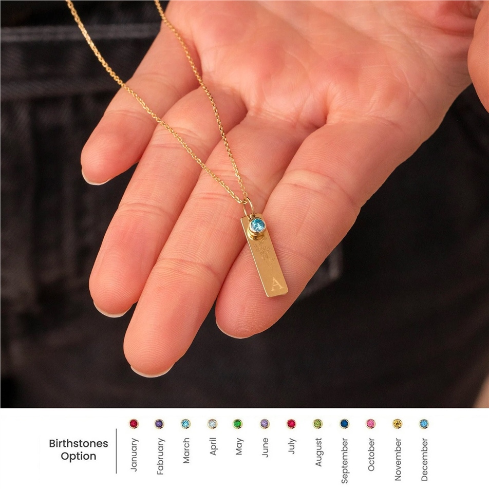 Solid Gold Birthstone Bar Tag Necklace