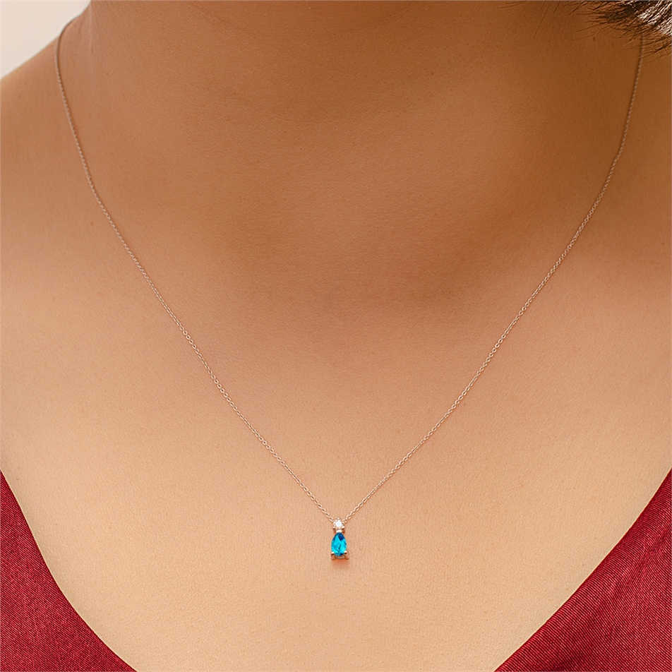 Solid Gold 0.04 ct Diamond Blue Topaz Necklace