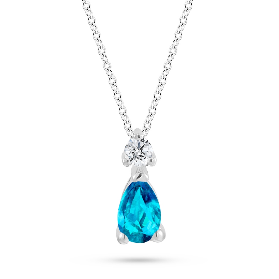 Solid Gold 0.04 ct Diamond Blue Topaz Necklace