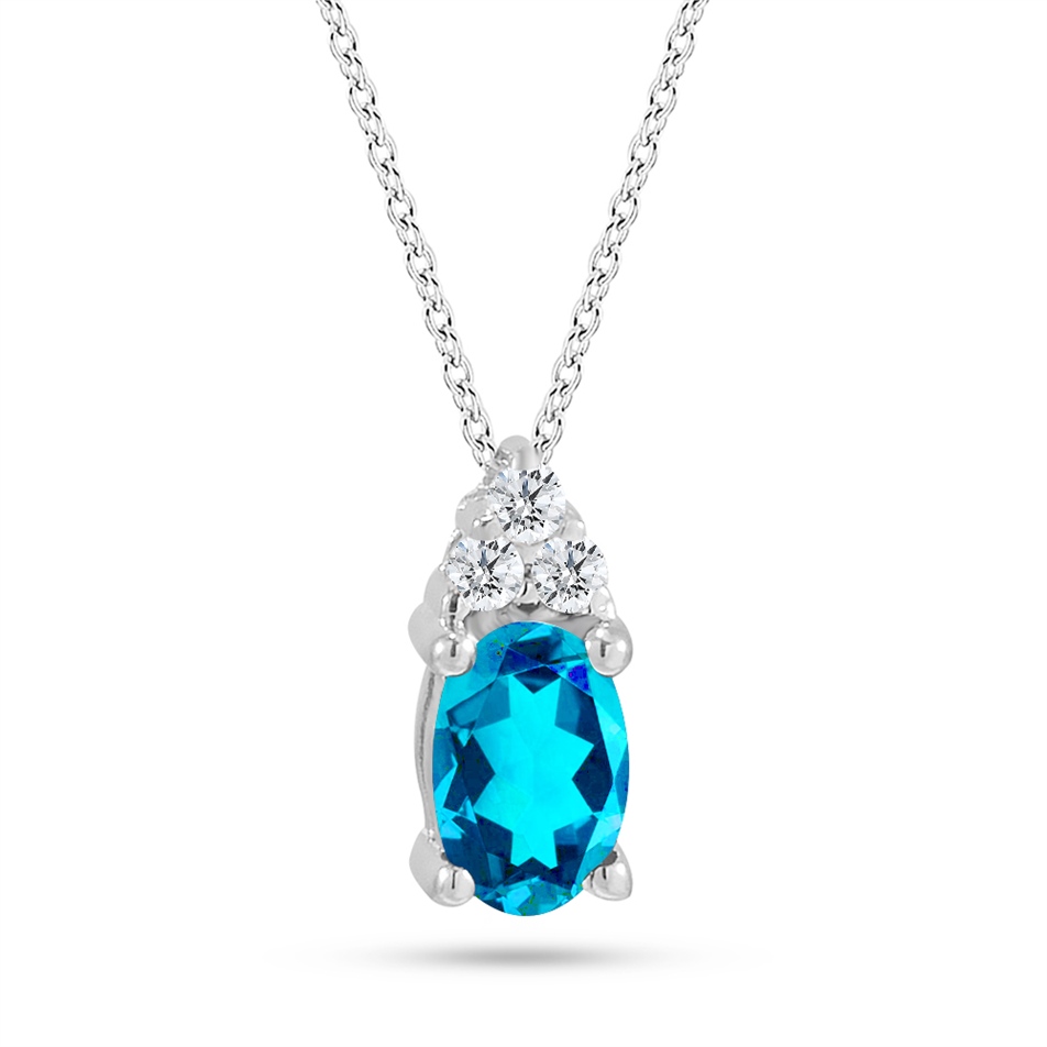 Solid Gold 0.05 ct. Diamond Blue Topaz Necklace