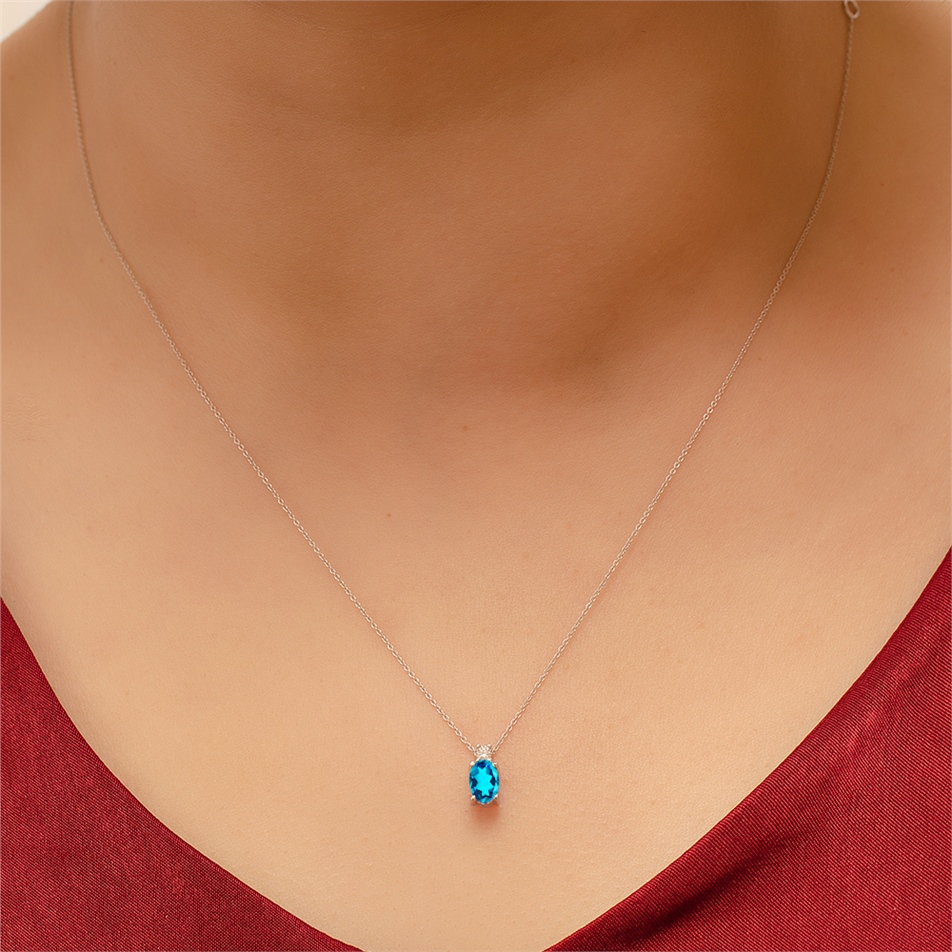 Solid Gold 0.05 ct. Diamond Blue Topaz Necklace