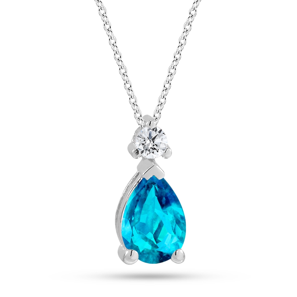 Solid Gold 0.05 ct. Diamond Blue Topaz Necklace