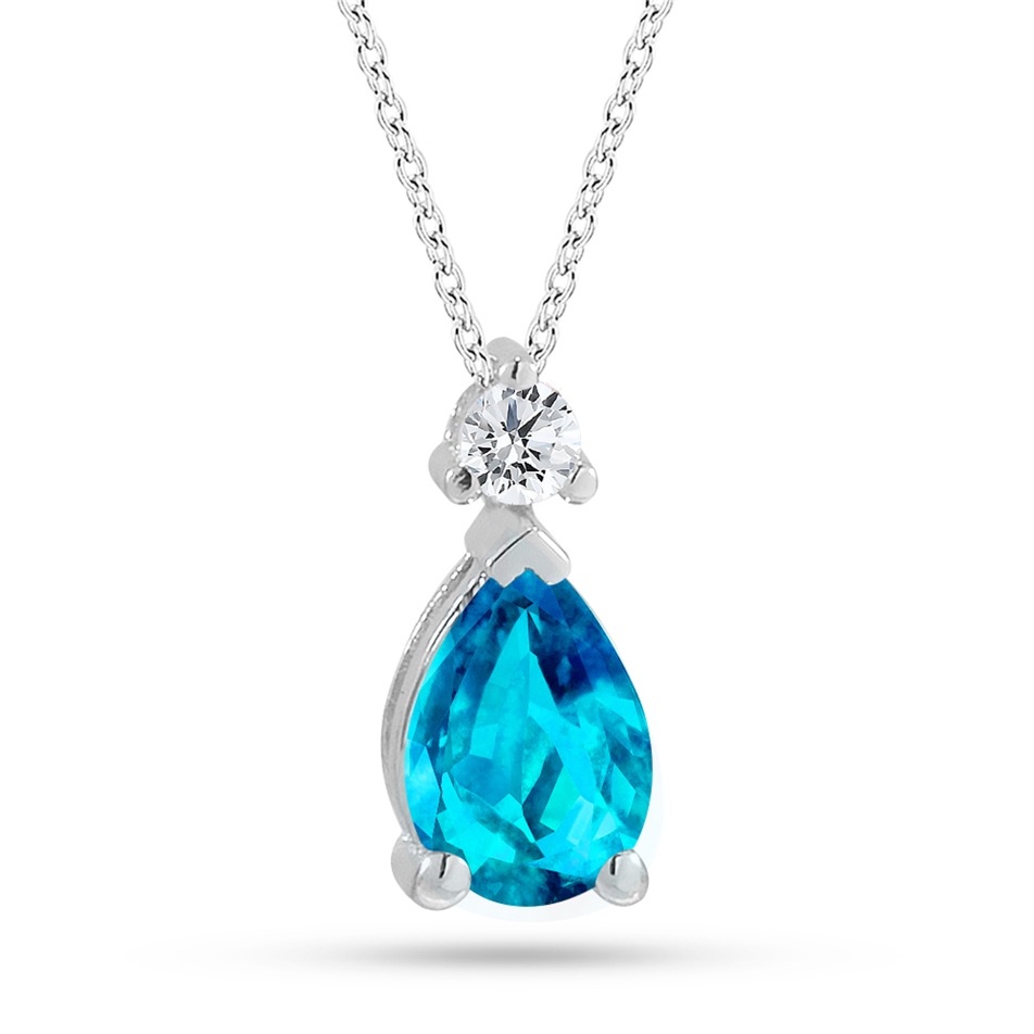 Solid Gold 0.06 ct. Diamond Blue Topaz Necklace