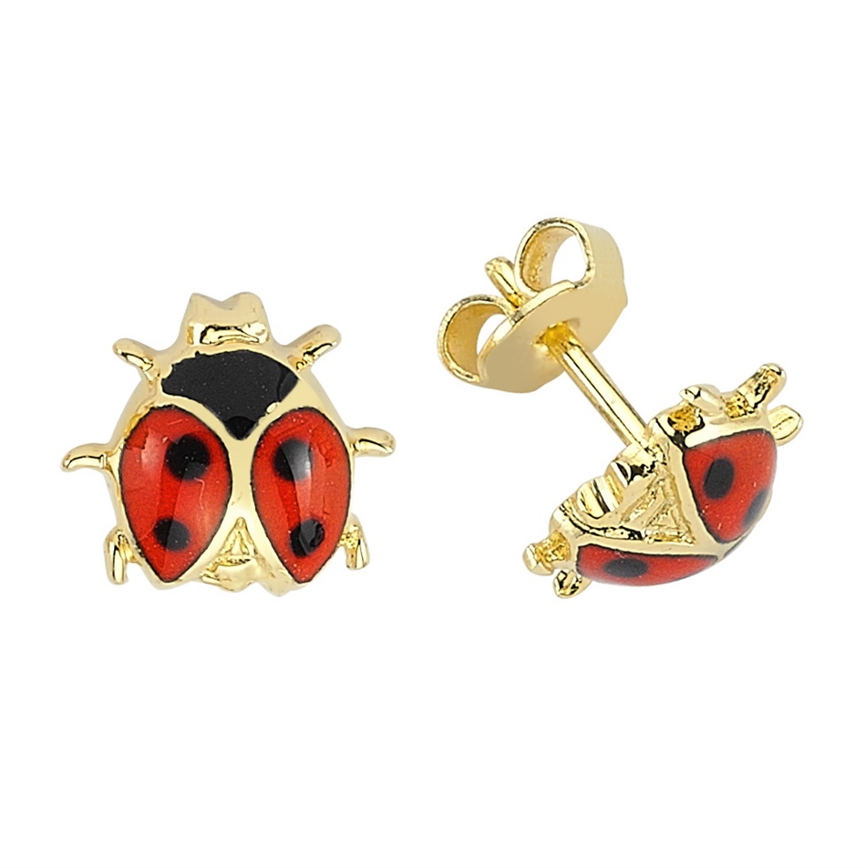 Solid Gold Enamel Ladybug Earring