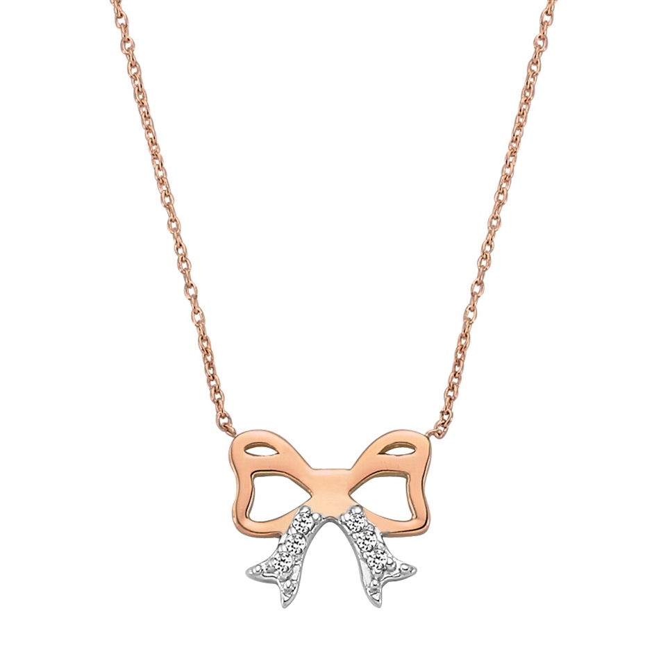 Solid Gold 0.03 ct. Diamond Ribbon Bow Necklace