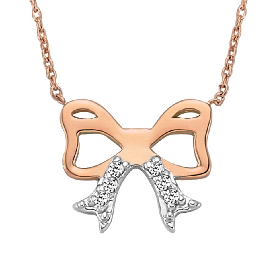 Solid Gold 0.03 ct. Diamond Ribbon Bow Necklace