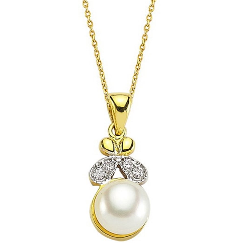 Solid Gold 0.04 ct. Diamond Pearl Necklace