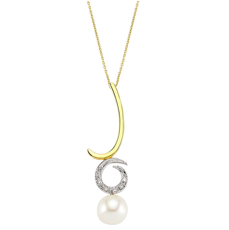 Solid Gold 0.04 ct. Diamond Pearl Necklace