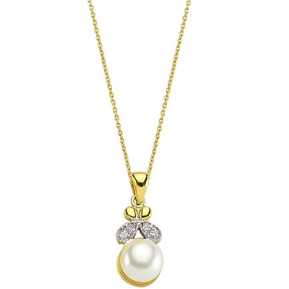 Solid Gold 0.04 ct. Diamond Pearl Necklace