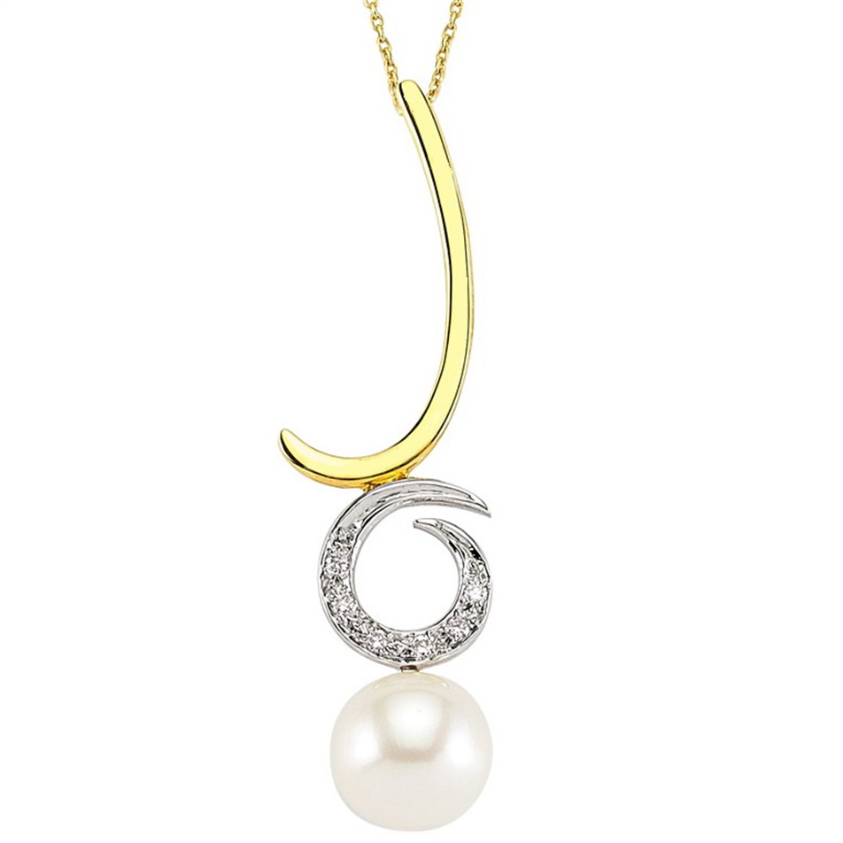 Solid Gold 0.04 ct. Diamond Pearl Necklace
