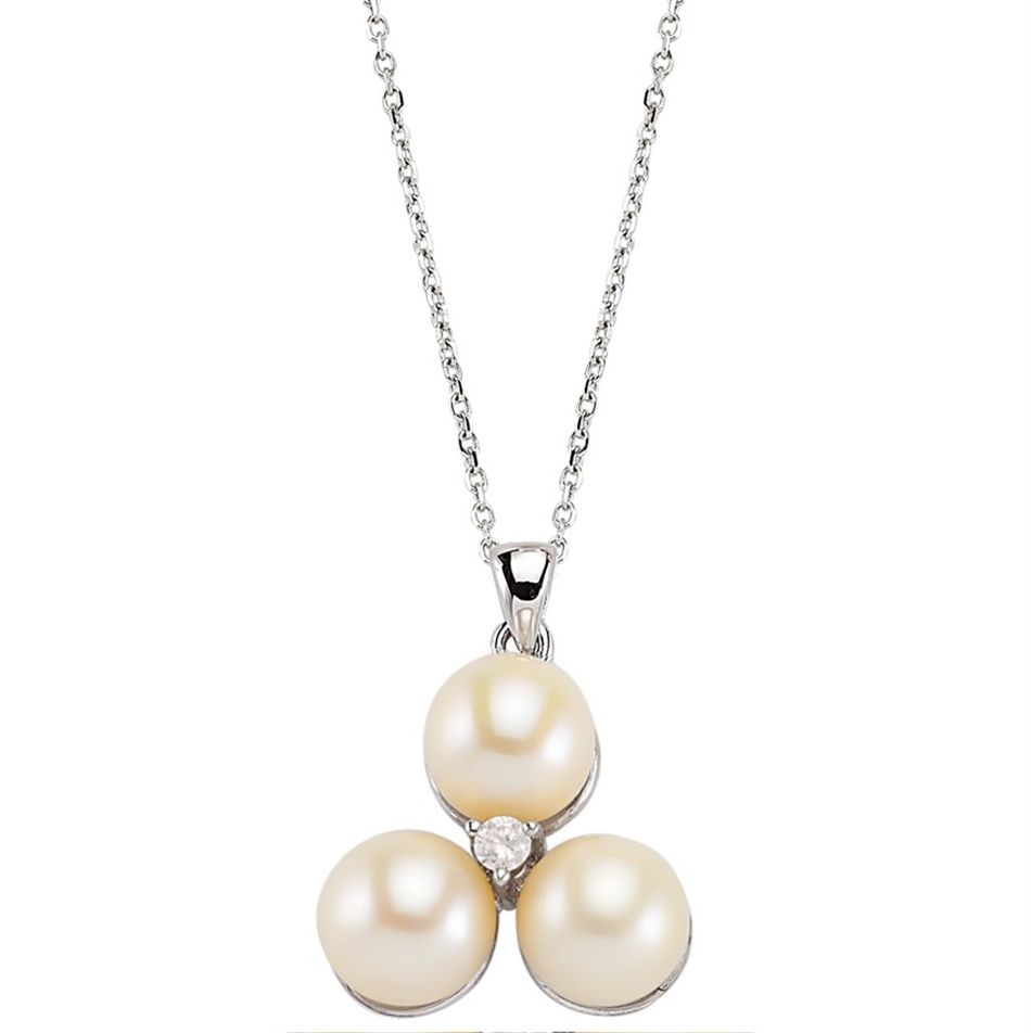 Solid Gold 0.06 ct. Diamond Pearl Necklace