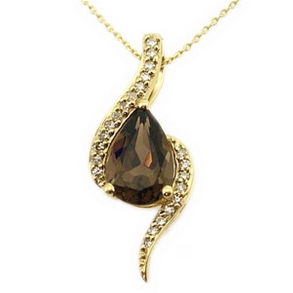 Solid Gold 0.08 ct. Diamond Smoky Quartz Necklace
