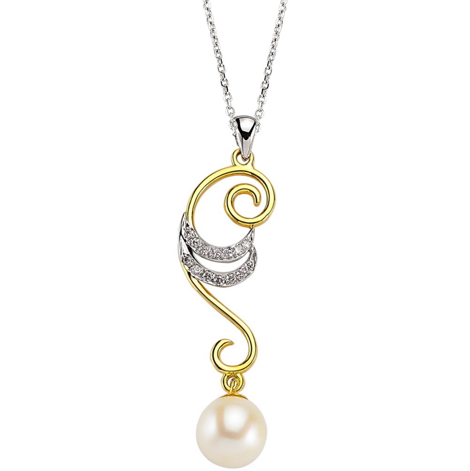 Solid Gold 0.09 ct. Diamond Pearl Necklace