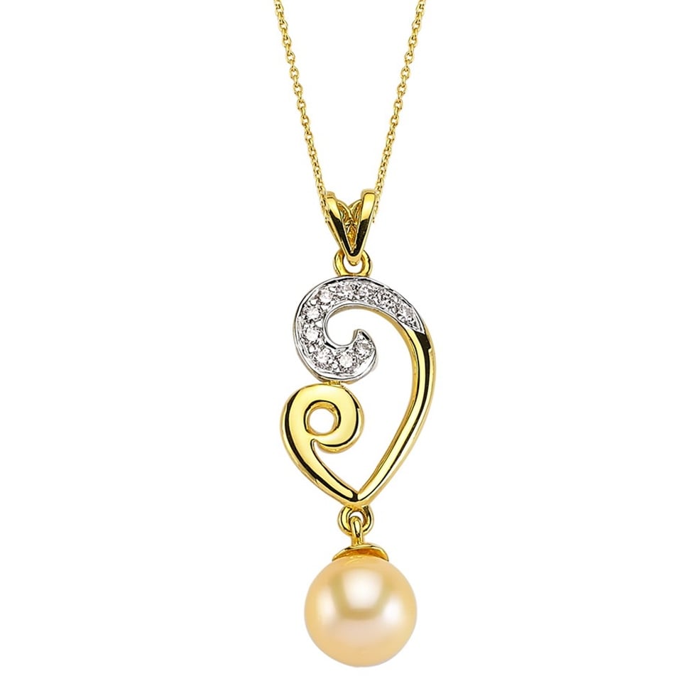 Solid Gold 0.18 ct. Diamond Pearl Necklace