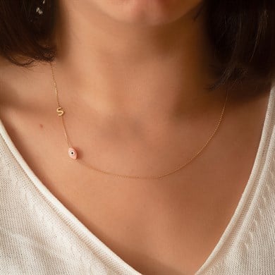 Solid Gold Letter Evil Eye Necklace