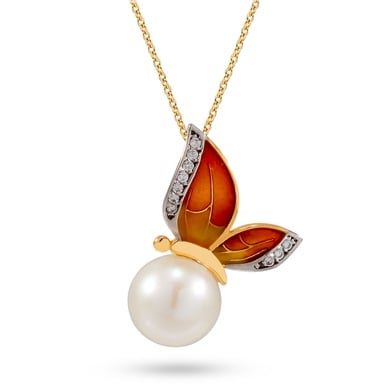 Solid Gold Enamel Butterfly Pearl Necklace