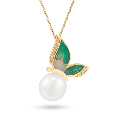 Solid Gold Enamel Butterfly Pearl Necklace